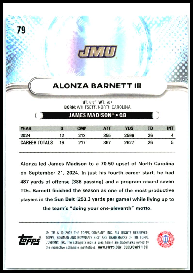 2025 Bowman University Best #79 Alonza Barnett III James Madison Dukes