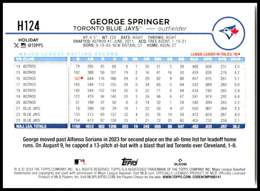 2024 Topps Holiday #H124 George Springer Toronto Blue Jays