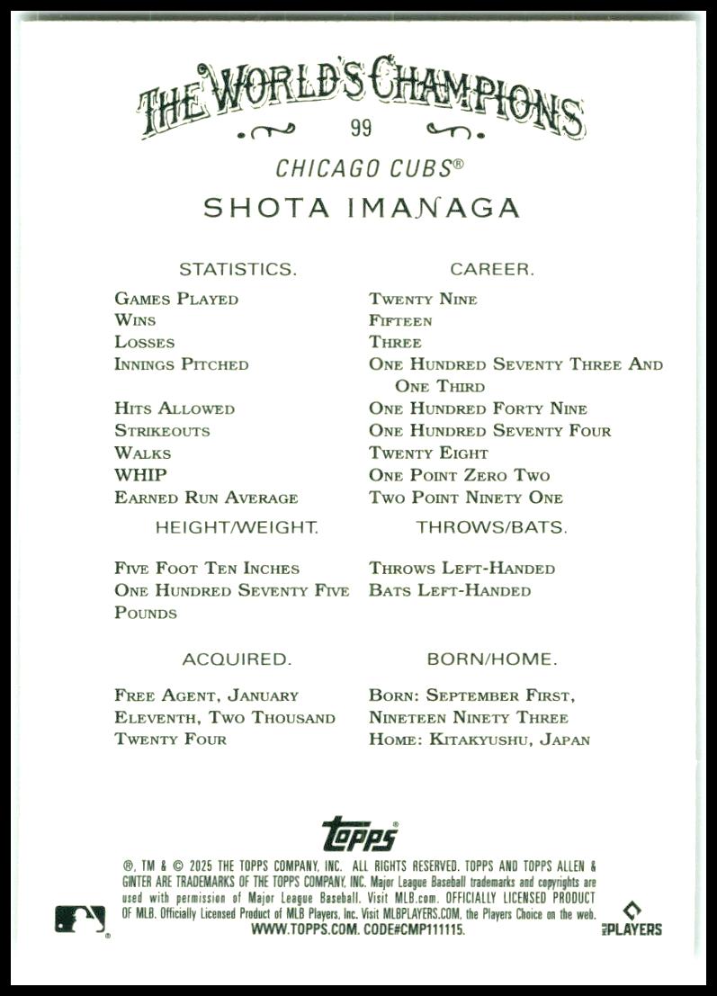 2025 Topps Allen & Ginter Chrome #99 Shota Imanaga Chicago Cubs