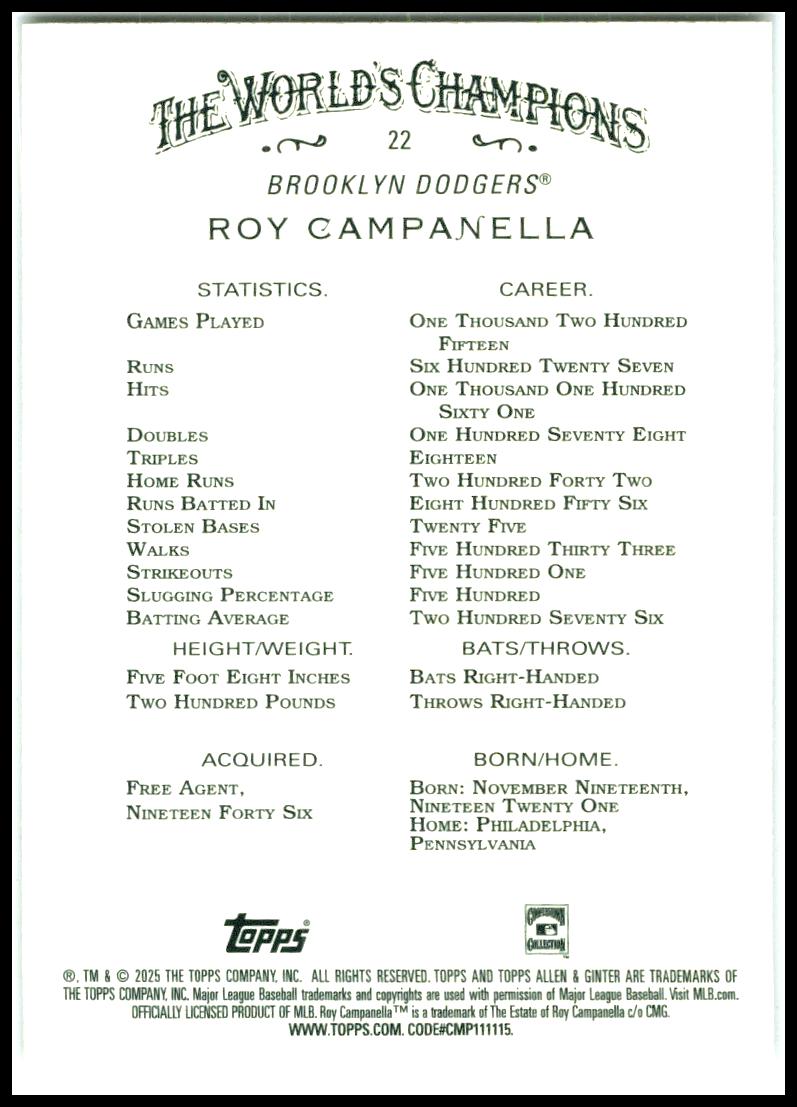 2025 Topps Allen & Ginter Silver Portrait #22 Roy Campanella Brooklyn Dodgers