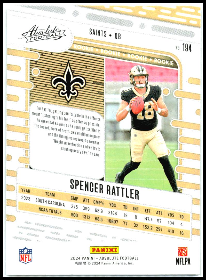 2024 Panini Absolute Retail #194 Spencer Rattler Rookie New Orleans Saints