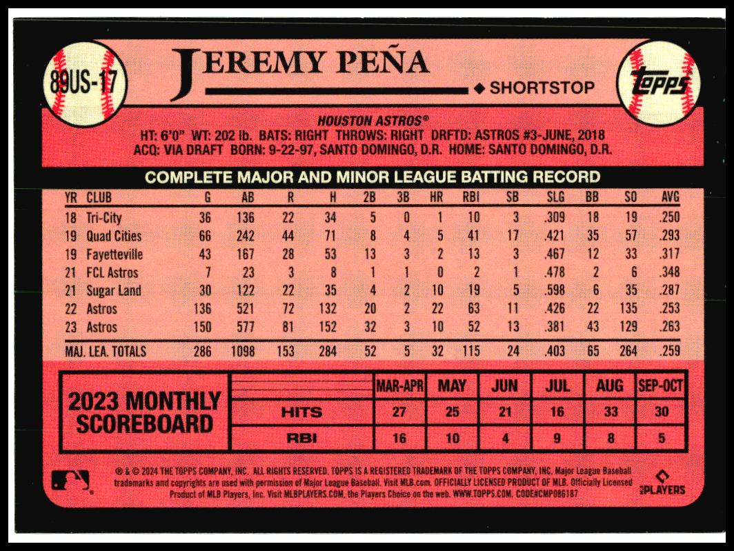 2024 Topps Update 1989 Topps 35th Anniversary #89US-17 Jeremy Peña Astros