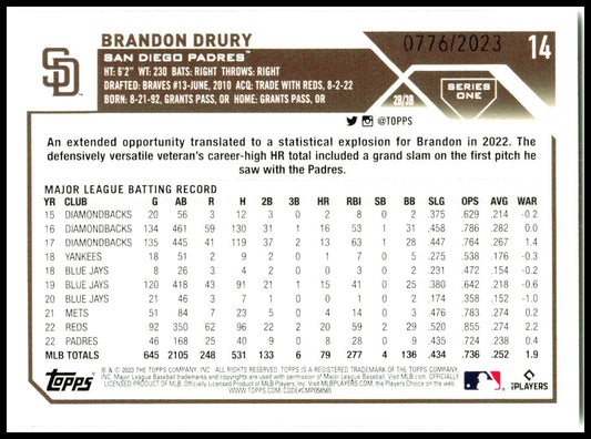 2023 Topps Gold #14 Brandon Drury #/2023 San Diego Padres