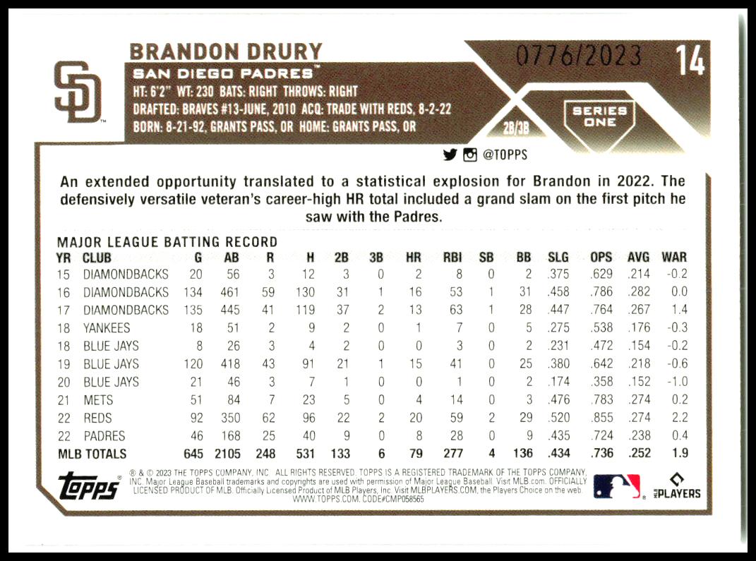 2023 Topps Gold #14 Brandon Drury #/2023 San Diego Padres