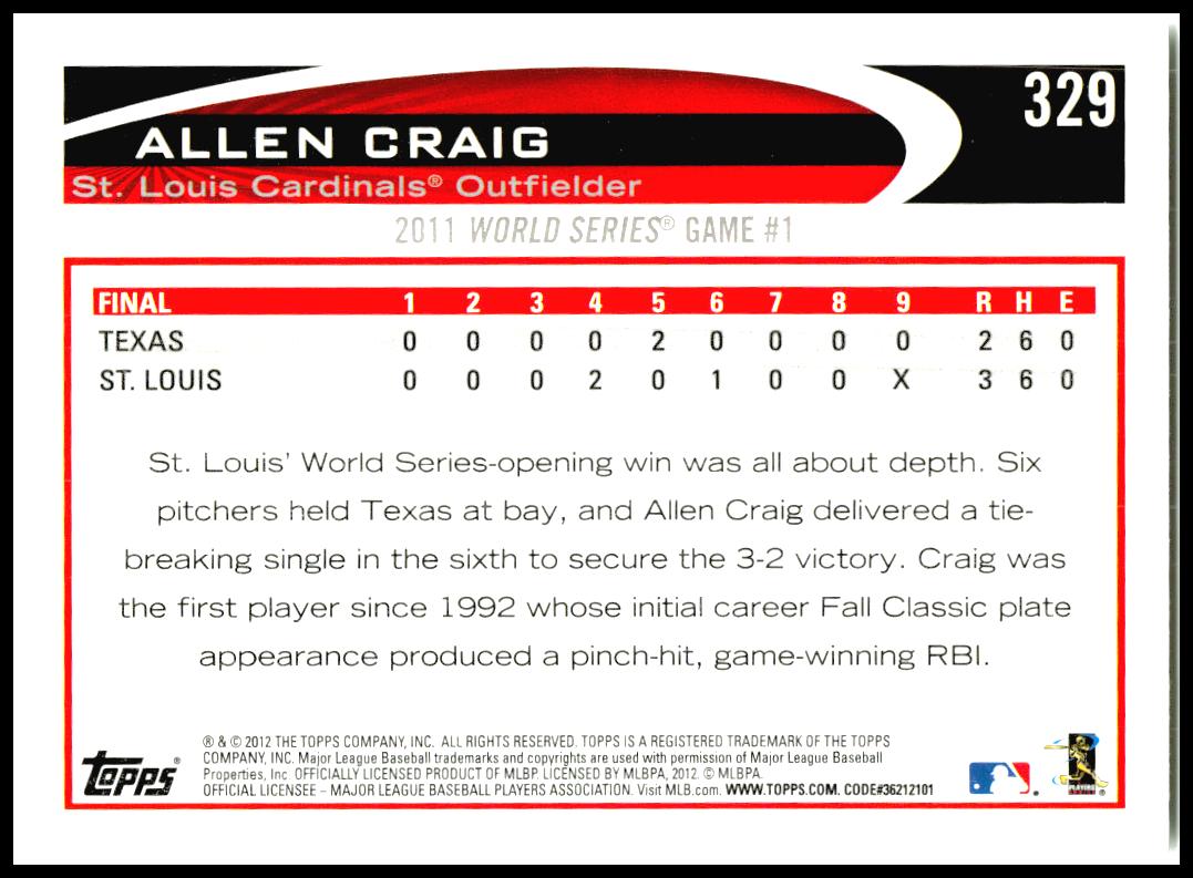 2012 Topps #329 Allen Craig St. Louis Cardinals