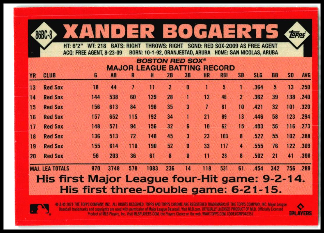 2021 Topps Chrome 1986 Topps 35th Anniversary #86BC-8 Xander Bogaerts Boston