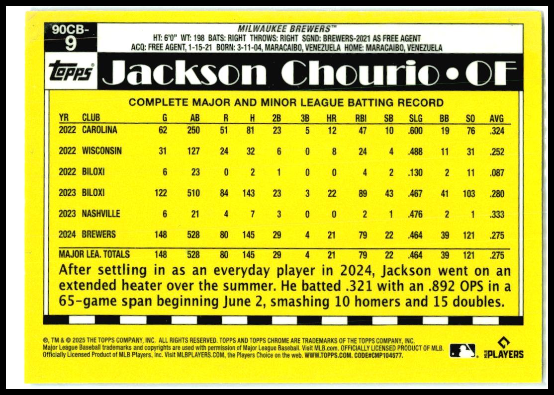 2025 Topps Chrome 1990 Topps 35th Anniversary #90CB-9 Jackson Chourio Brewers