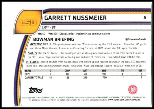 2024 Bowman University Chrome #5 Garrett Nussmeier LSU Tigers