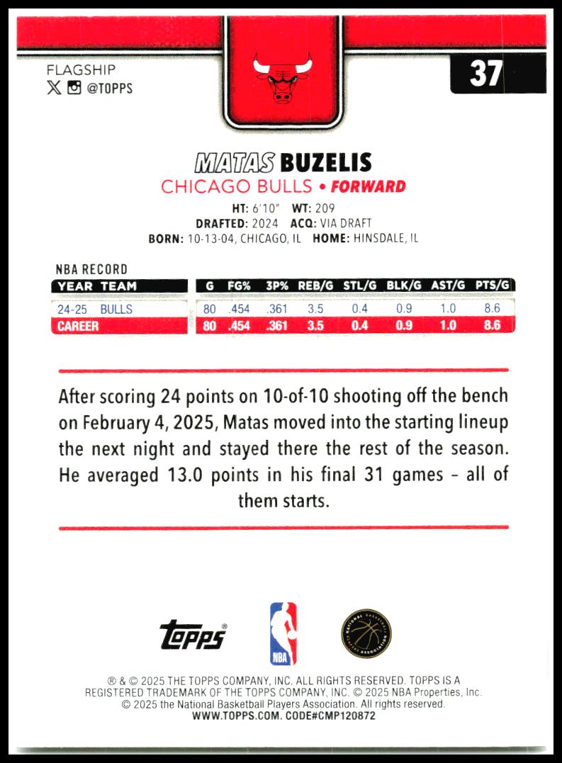 2025-26 Topps #37 Matas Buzelis Chicago Bulls