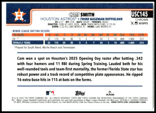2025 Topps Chrome Update #USC145 Cam Smith Rookie Houston Astros