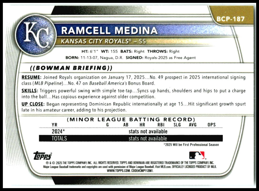 2025 Bowman Chrome Prospects #BCP-187 Ramcell Medina Kansas City Royals