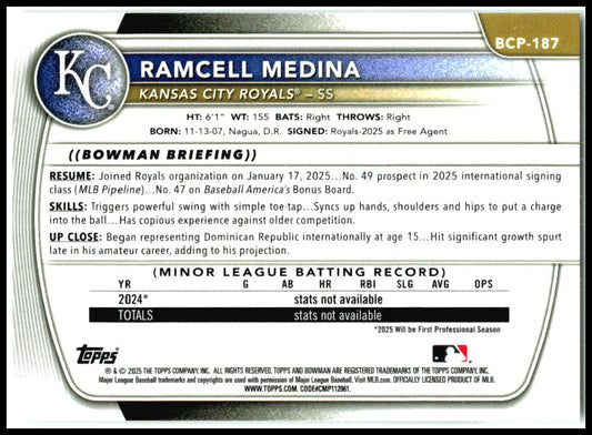 2025 Bowman Chrome Prospects #BCP-187 Ramcell Medina Kansas City Royals