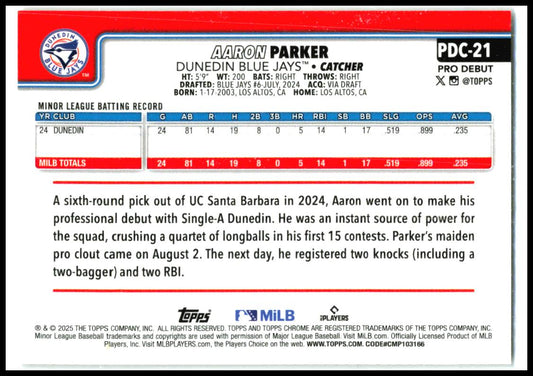 2025 Topps Pro Debut Chrome Gold Refractor #PDC-21 Aaron Parker Blue Jays