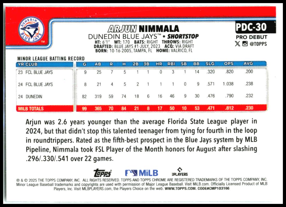 2025 Topps Pro Debut Chrome X-Fractor #PDC-30 Arjun Nimmala Dunedin Blue Jays