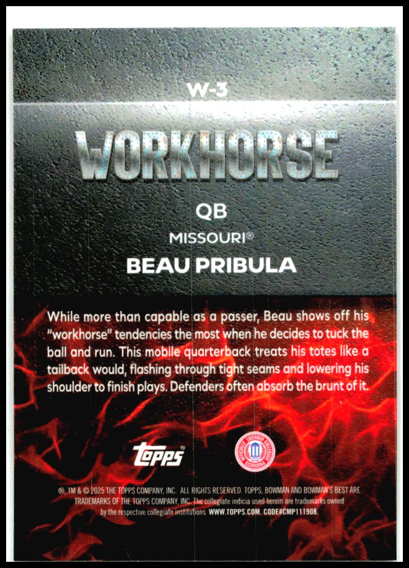 2025 Bowman University Best Workhorse Shimmer #W-3 Beau Pribula Missouri Tigers