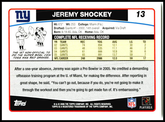 2006 Topps New York Giants #NYG1 Jeremy Shockey New York Giants