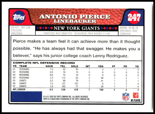 2008 Topps #247 Antonio Pierce New York Giants