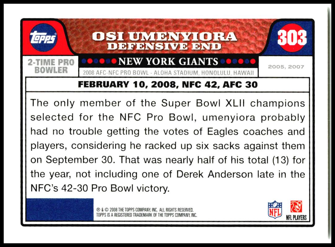 2008 Topps #303 Osi Umenyiora New York Giants