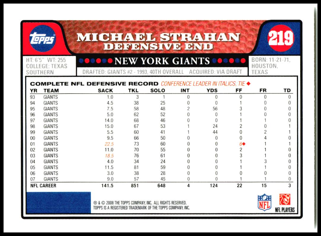 2008 Topps #219 Michael Strahan New York Giants