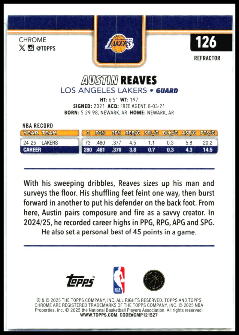 2025-26 Topps Chrome Refractor #126 Austin Reaves North Carolina Tar Heels