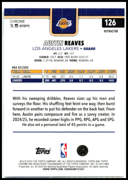 2025-26 Topps Chrome Refractor #126 Austin Reaves North Carolina Tar Heels