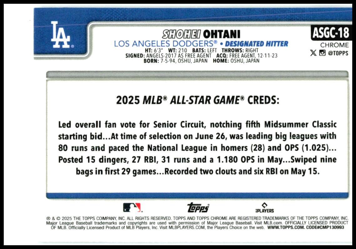2025 Topps Update 2025 All-Star Game #ASG-1 Shohei Ohtani Los Angeles Dodgers