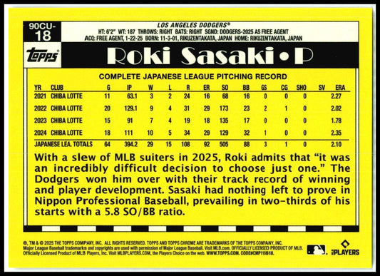 2025 Topps Chrome 1990 Topps Chrome Gold Refractor #90CU-18 Roki Sasaki Dodgers
