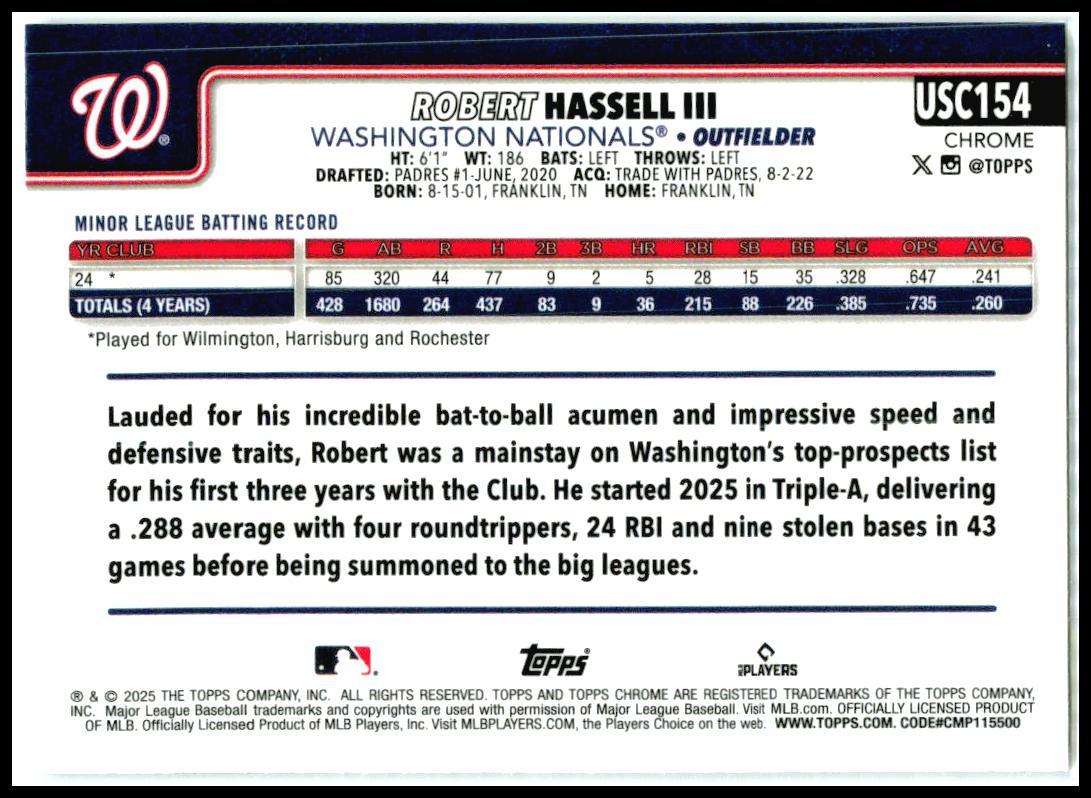 2025 Topps Chrome Update Negative #USC154 Robert Hassell III Rookie Nationals
