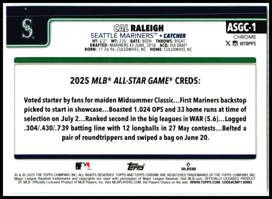 2025 Topps Update 2025 All-Star Game #ASG-9 Cal Raleigh Seattle Mariners