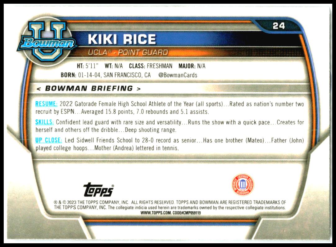 2022-23 Bowman University Chrome #24 Kiki Rice UCLA Bruins