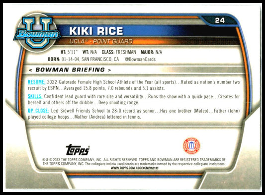 2022-23 Bowman University Chrome #24 Kiki Rice UCLA Bruins
