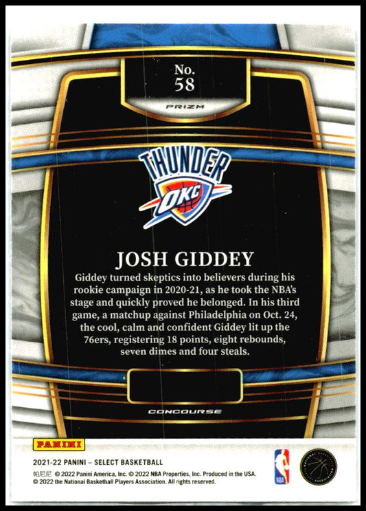 2021-22 Panini Select Silver Prizms #58 Josh Giddey Rookie Oklahoma City Thunder