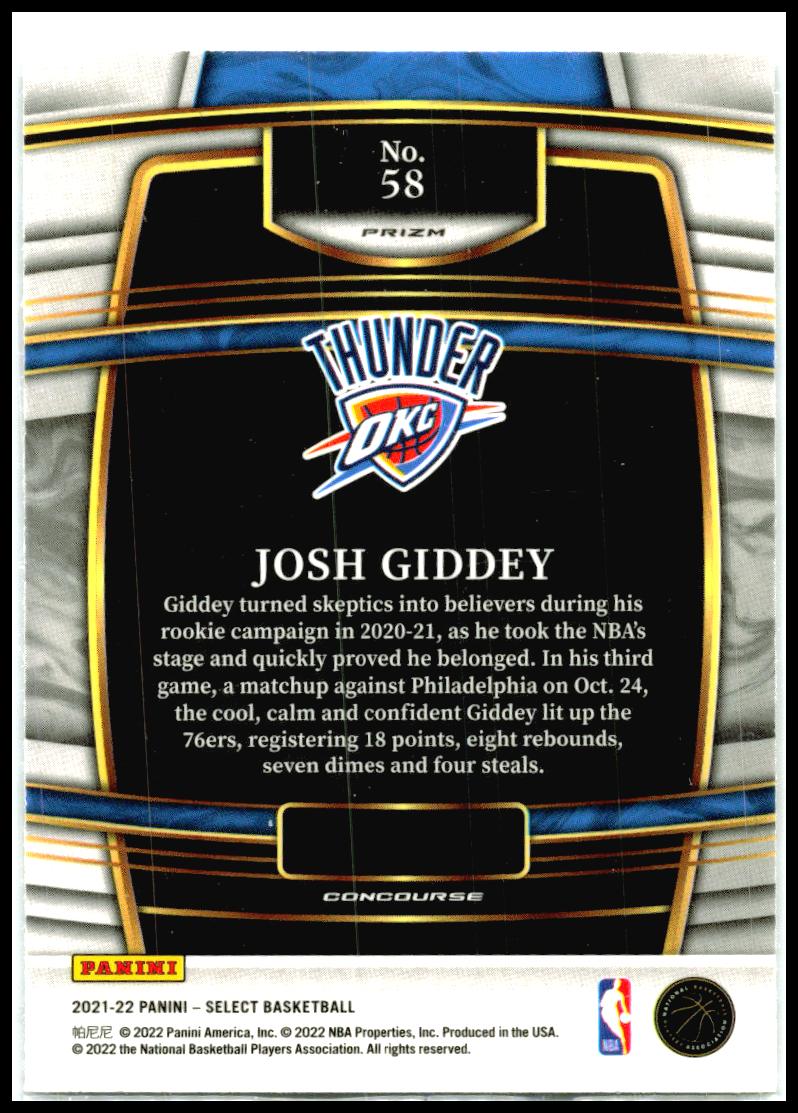 2021-22 Panini Select Silver Prizms #58 Josh Giddey Rookie Oklahoma City Thunder