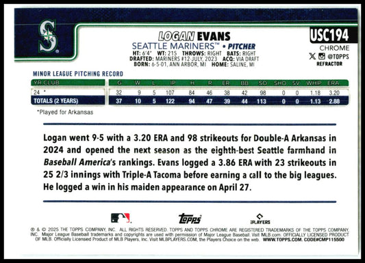 2025 Topps Update Rainbow Foil #US302 Logan Evans Rookie Seattle Mariners