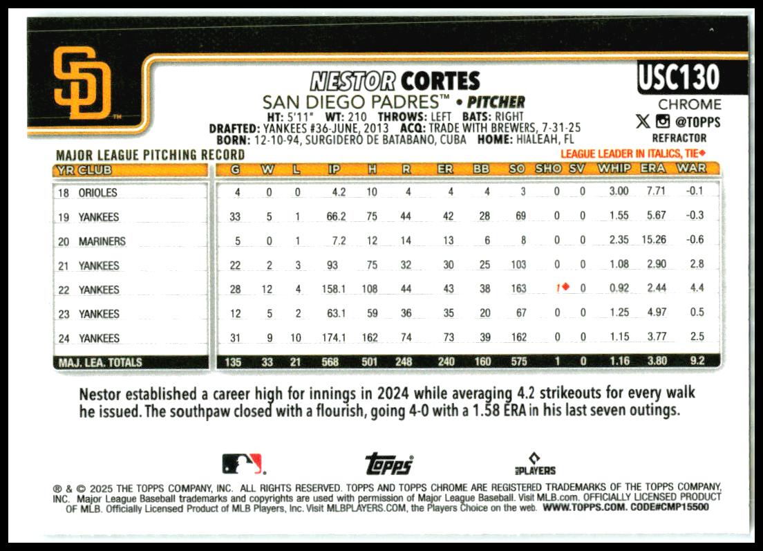 2025 Topps Chrome Update Refractors #USC130 Nestor Cortes San Diego Padres