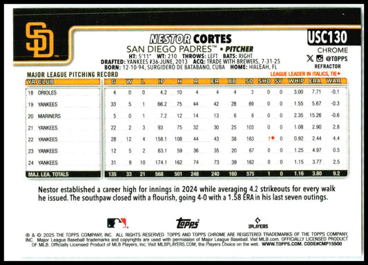 2025 Topps Chrome Update Refractors #USC130 Nestor Cortes San Diego Padres