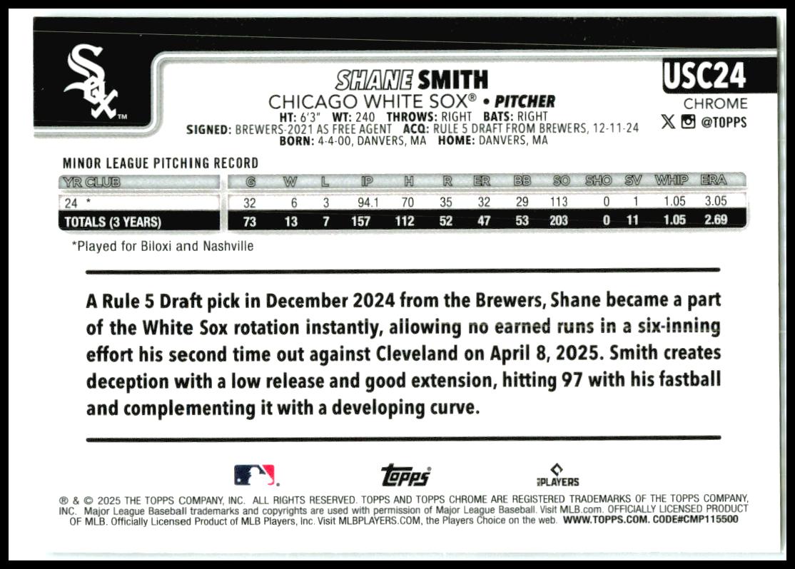 2025 Topps Chrome Update RayWave Refractor #USC24 Shane Smith Rookie White Sox