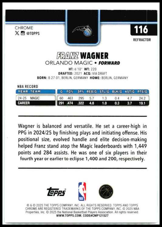 2025-26 Topps Chrome Refractors #116 Franz Wagner Orlando Magic
