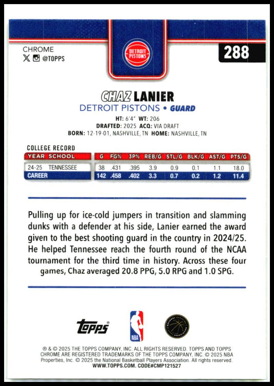 2025-26 Topps Chrome Yellow Refractors #288 Chaz Lanier Rookie Pistons