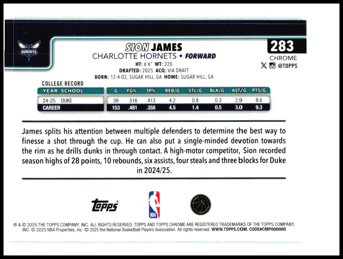2025-26 Topps Chrome Teal Refractor #283 Sion James Rookie Hornets