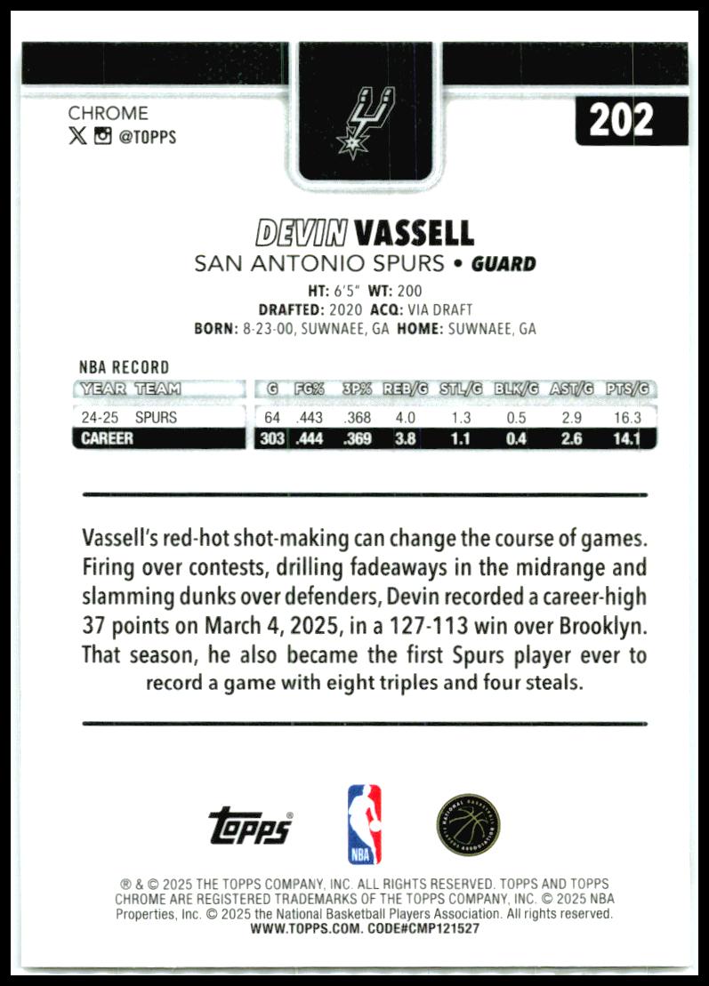 2025-26 Topps Chrome Refractor #202 Devin Vassell San Antonio Spurs