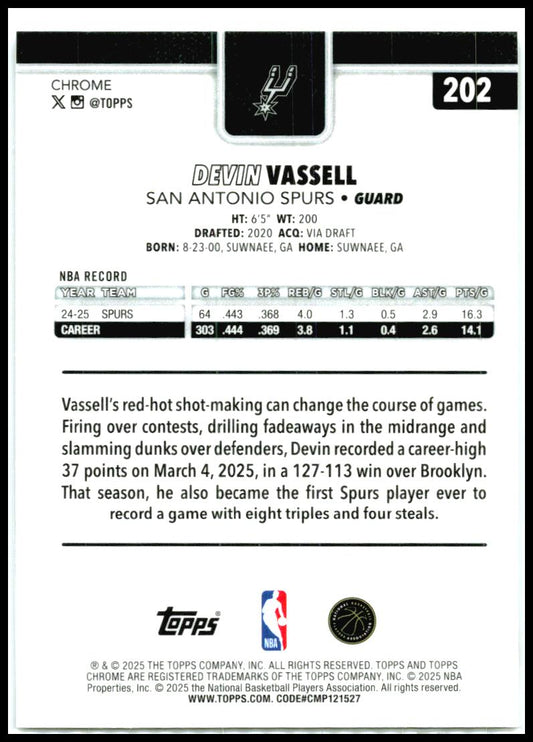 2025-26 Topps Chrome Refractor #202 Devin Vassell San Antonio Spurs