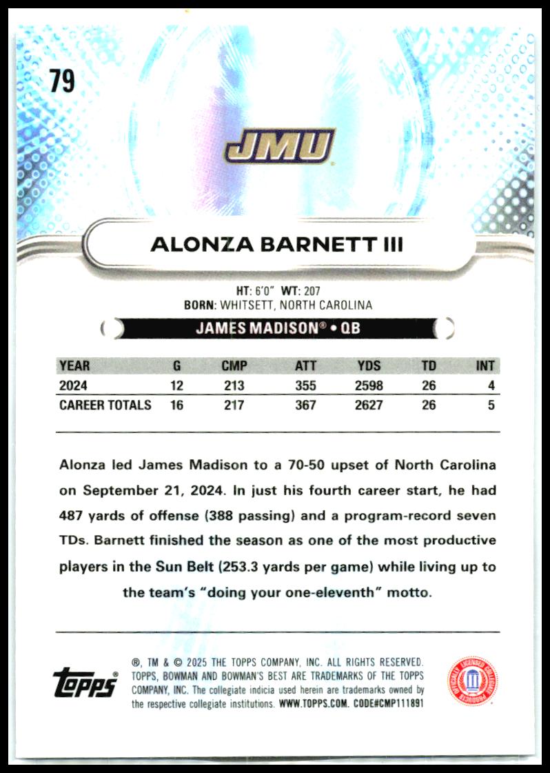 2025 Bowman University Best Shimmer #79 Alonza Barnett III James Madison Dukes