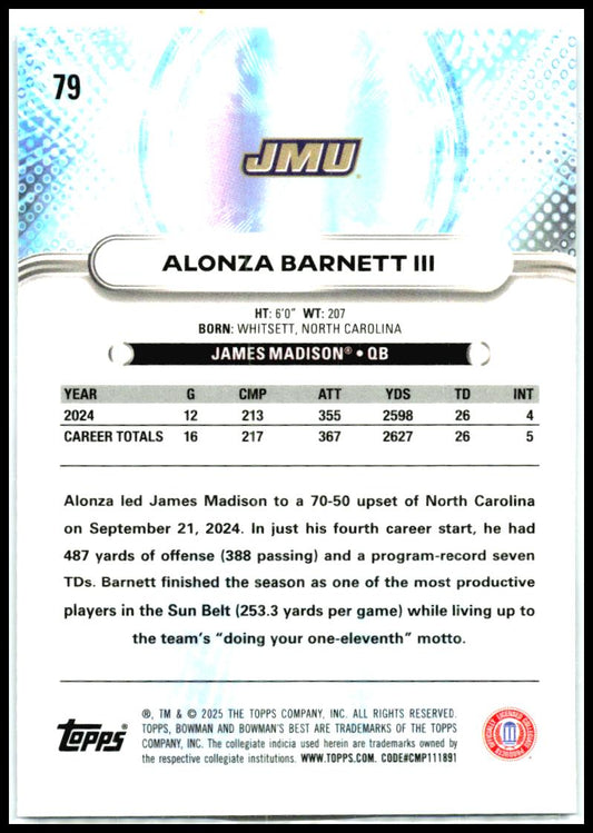 2025 Bowman University Best Shimmer #79 Alonza Barnett III James Madison Dukes