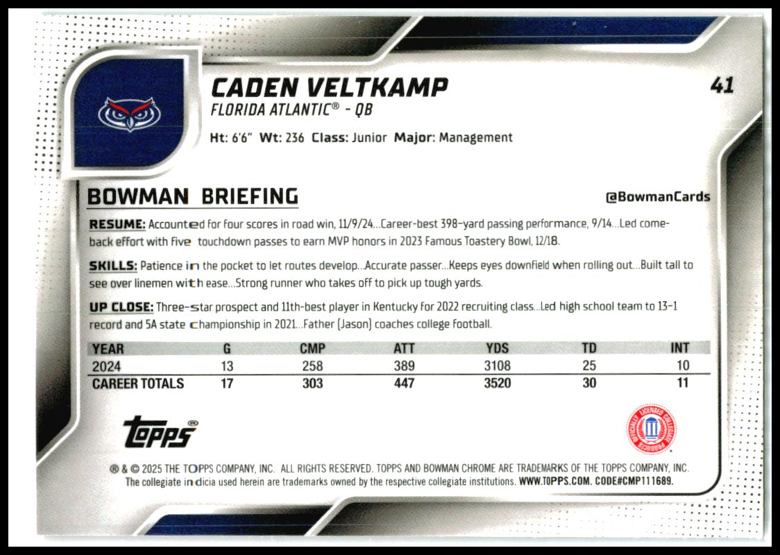 2025 Bowman University Chrome Pink Lava #41 Caden Veltkamp Florida Atlantic