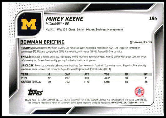 2025 Bowman University Chrome Xfractor #184 Mikey Keene Michigan Wolverines