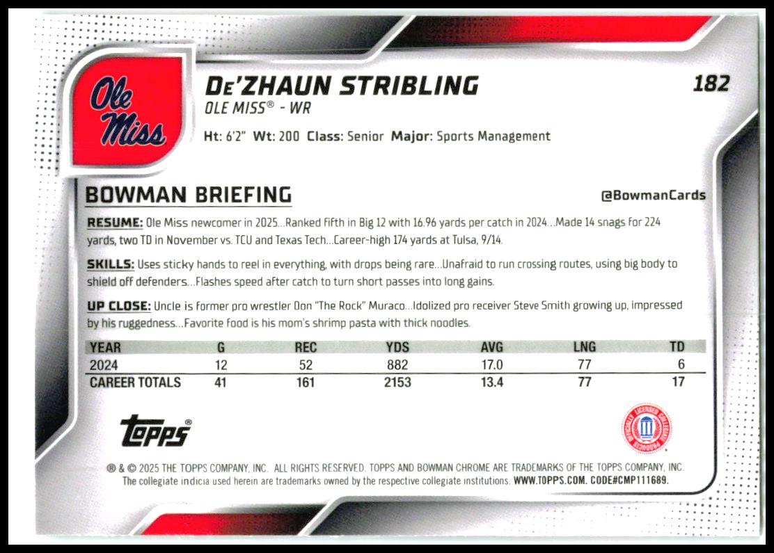2025 Bowman University Chrome #182 De'Zhaun Stribling Ole Miss Rebels