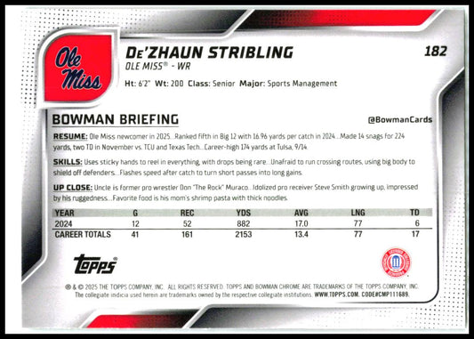 2025 Bowman University Chrome #182 De'Zhaun Stribling Ole Miss Rebels