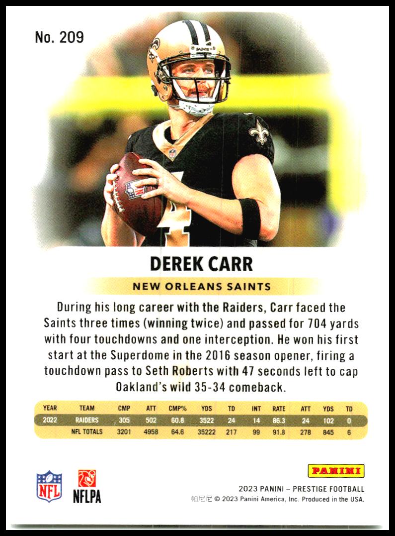 2023 Panini Prestige #209 Derek Carr New Orleans Saints