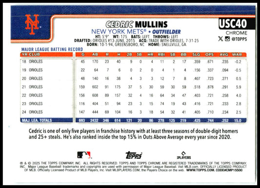 2025 Topps Chrome Update X-Fractors #USC40 Cedric Mullins New York Mets
